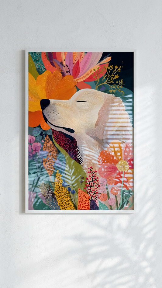 Tangerine & Apricot Golden Retriever Painting | Whimsical Style | Sunlit Living Room Decor | Digital Download