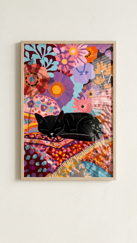 Whimsical & Serene Sleeping Black Cat Art | Jewel Tones & Pastels Tones | Vibrant, Dreamy, Cat Nap | Gift for Cat Lovers | Digital Download