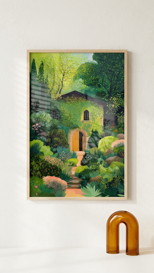 Emerald & Amber Secret Garden Cottage Painting | Impressionist Style | Sunroom Retreat Decor | Digital Download