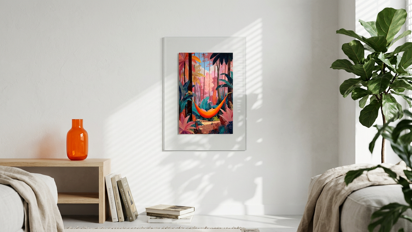 Orange Hammock in Teal & Blush Forest Painting | Impressionist Style | Meditation Room Decor | Digital Download