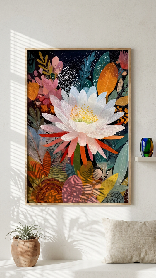 Ethereal & Serene White Lotus Bloom Art | Ivory & Teal Tones | Serenity in floral form | Gift for Flower Lovers | Digital Download