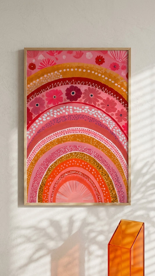 Rose & Terracotta Floral Rainbow Painting | Naive Style | Whimsical Home Decor | Digital Download
