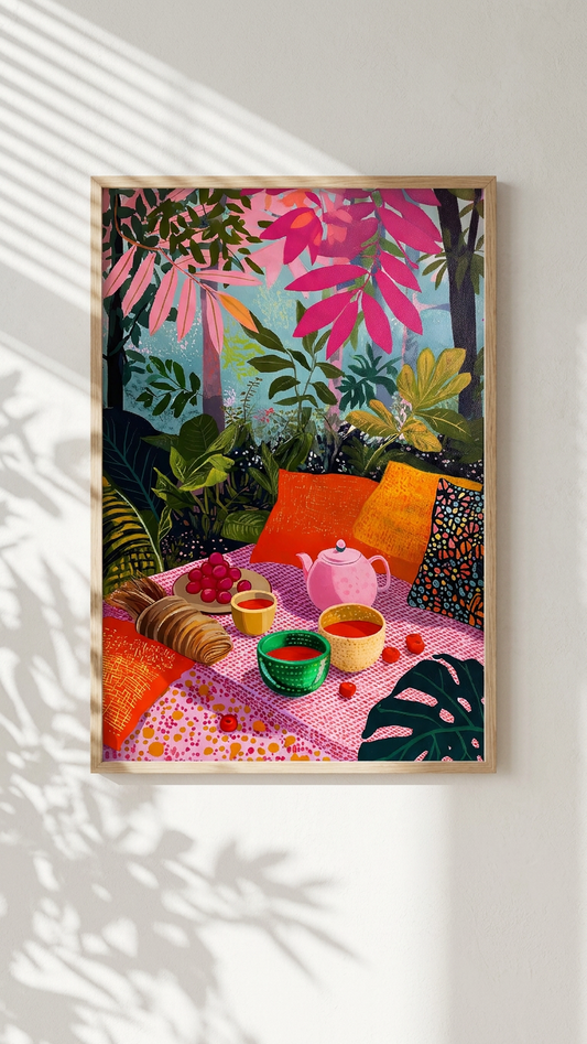 Fuchsia & Emerald Picnic Still Life Painting | Contemporary Style | Sunlit Kitchen Decor | Digital Download