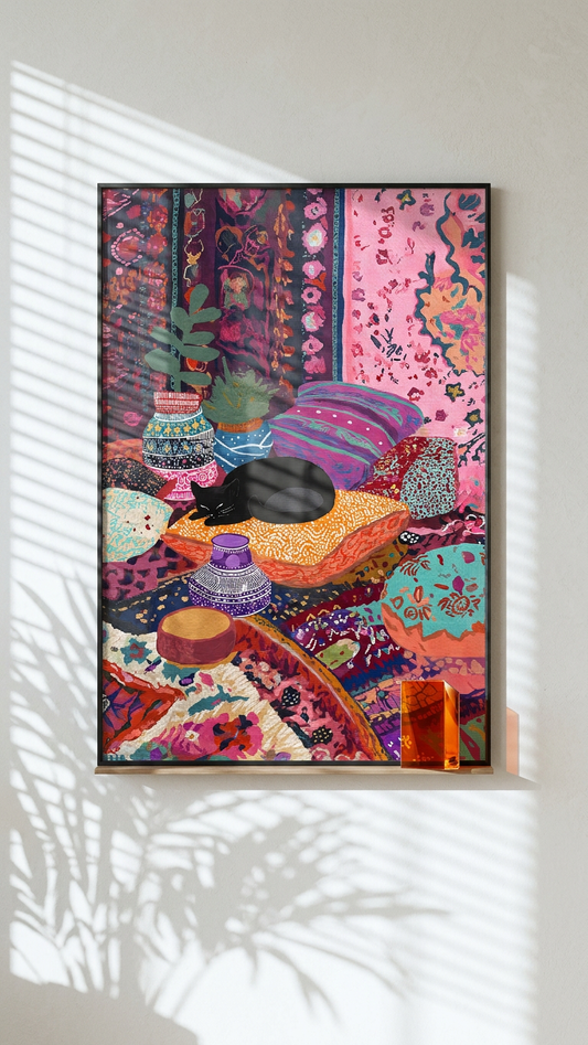 Indigo & Fuchsia Sleeping Black Cat Painting | Bohemian Style | Bohemian Living Room Decor | Digital Download