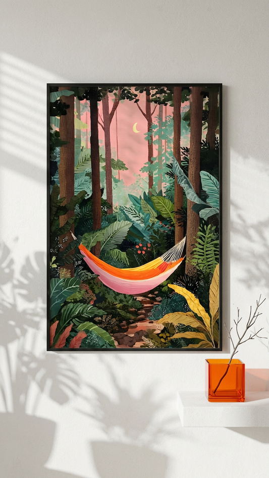 Coral Hammock in Emerald Jungle Painting | Naive Style | Meditation Space Decor | Digital Download,