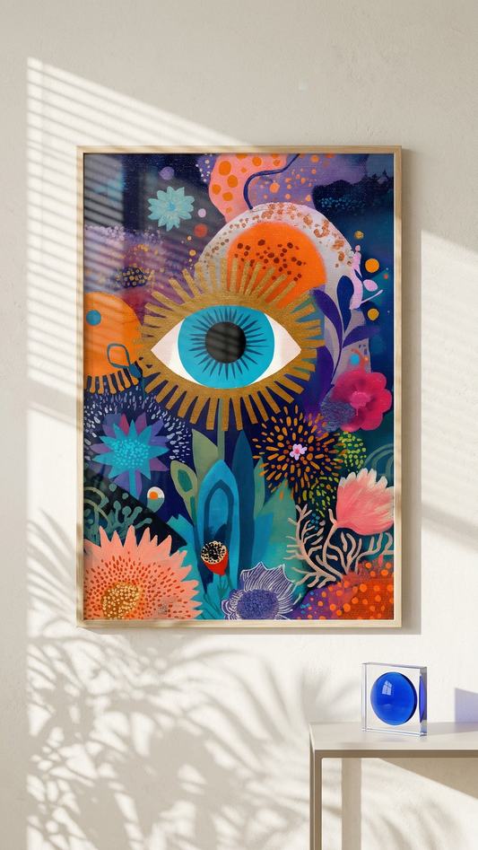 Turquoise & Gold Mystic Eye Painting | Surreal Style | Meditation Space Decor | Digital Download