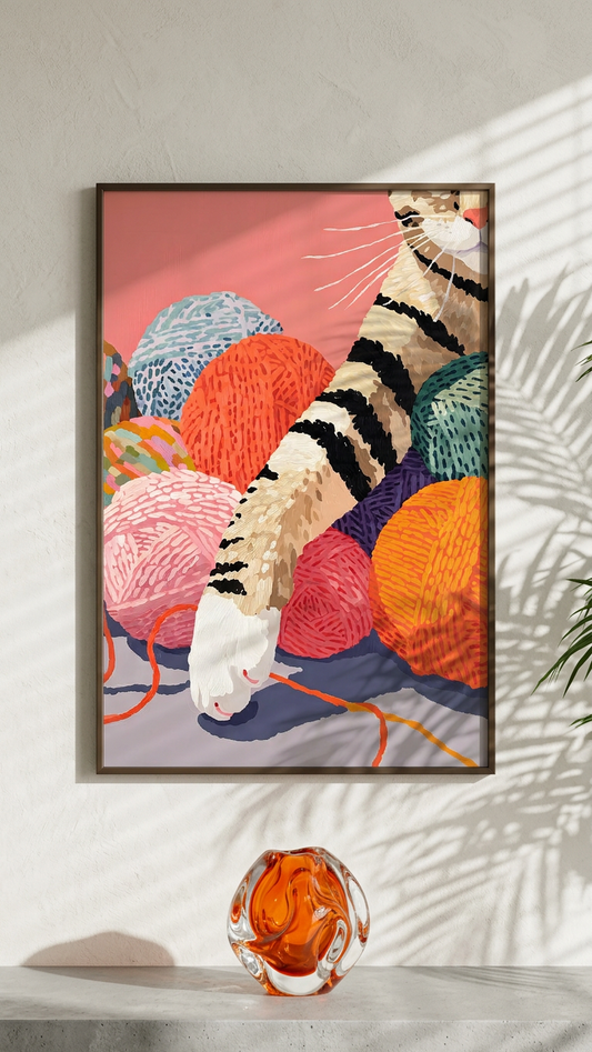 Coral & Indigo Striped Tabby Kitten Painting | Naive Style | Children's Room Decor | Digital Download