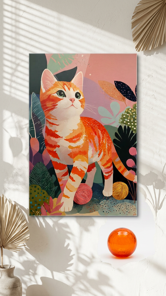 Tangerine & Emerald Ginger Tabby Cat Painting | Naive Style | Whimsical Home Decor | Digital Download