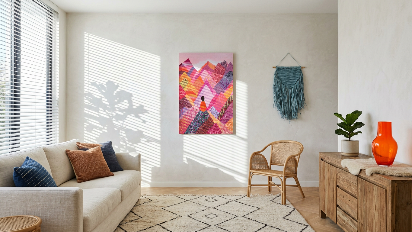 Magenta & Apricot Meditating Figure Painting | Folk Style | Meditation Space Decor | Digital Download