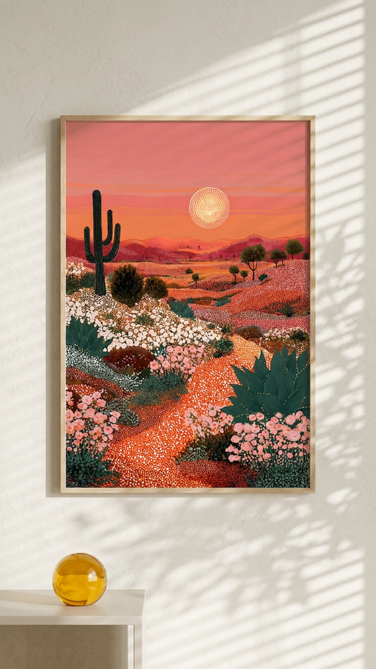 Ethereal & Serene Sonoran Desert Bloom Art | Coral & Apricot Tones | Warmth in Pointillist Harmony | Digital Download