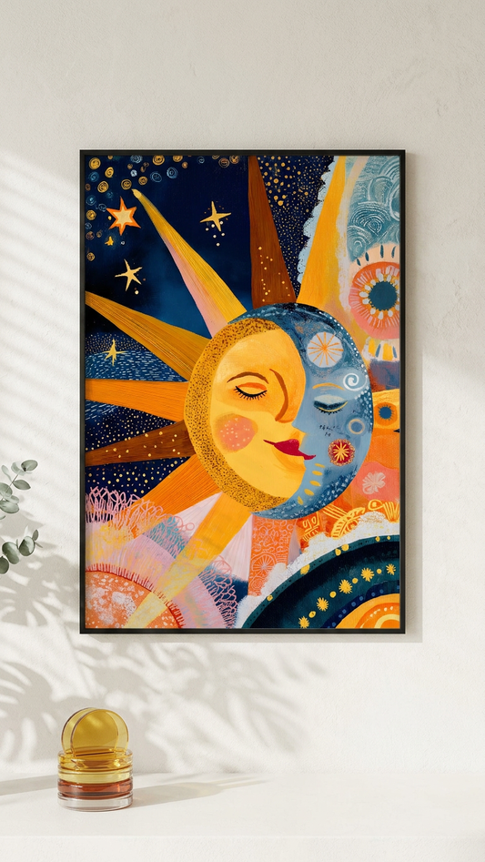 Golden Yellow & Azure Blue Sun and Moon Painting | Folk Style | Meditation Space Decor | Digital Download