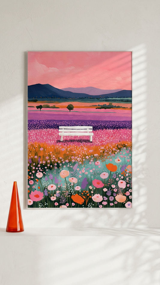 Rose Quartz & Lavender Flower Field Bench Painting | Impressionist Style | Sunroom Retreat Decor | Digital Download