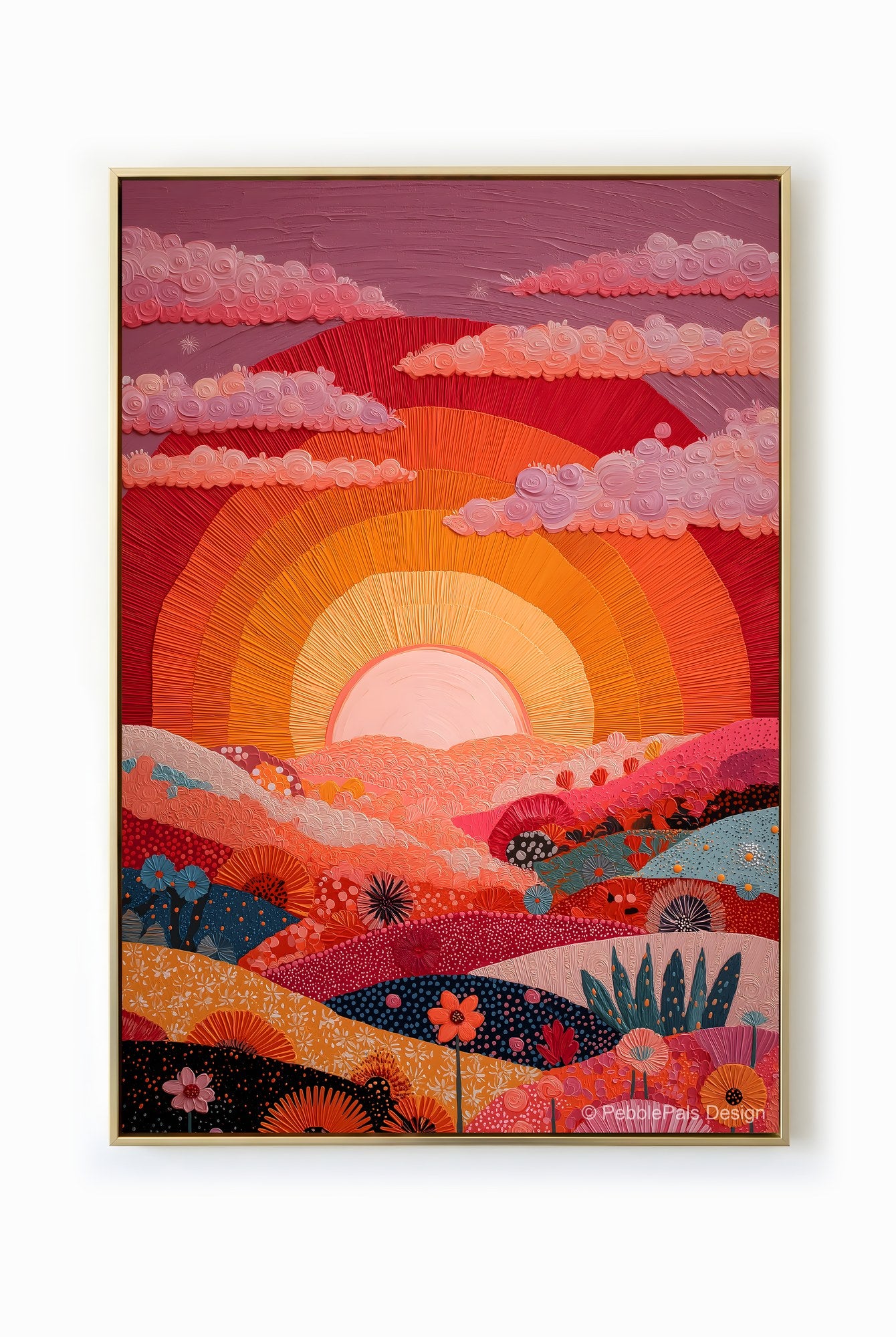 Textural painting of a vibrant sunset over rolling hills in shades of pink, orange, and turquoise.