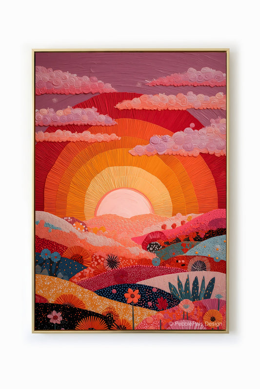 Textural painting of a vibrant sunset over rolling hills in shades of pink, orange, and turquoise.