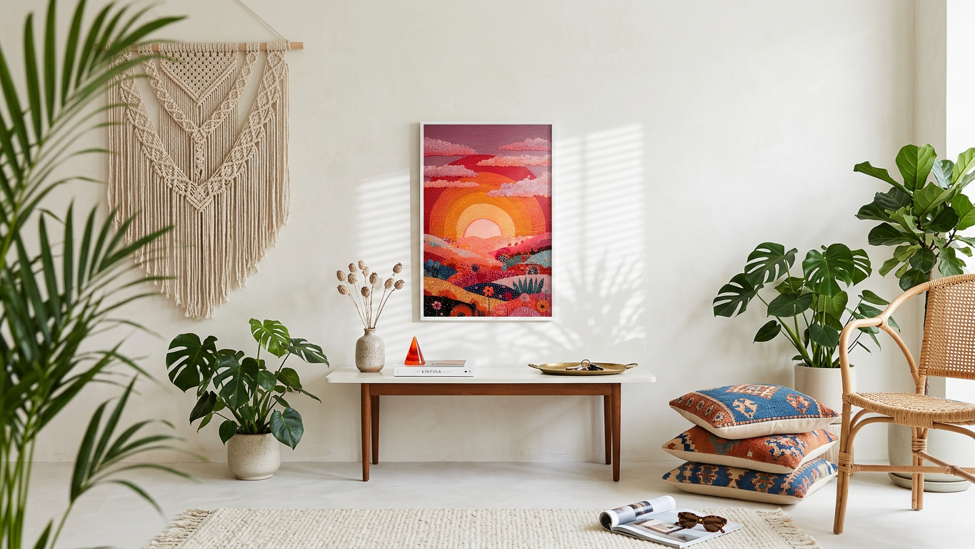 Fiery Orange & Rose Vibrant Sunset Vista Painting | Textural Impressionism Style | Sunlit Living Room Decor | Digital Download