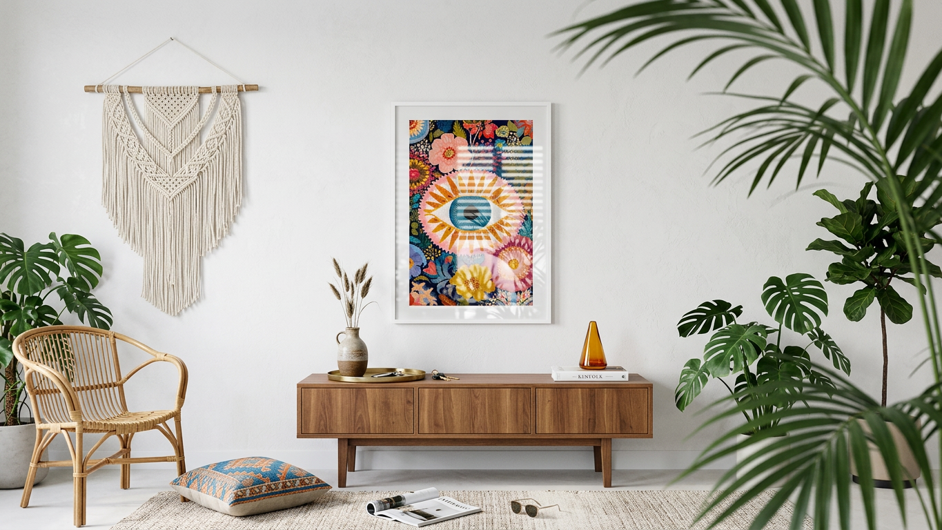 Electric Blue & Marigold Floral Eye Painting | Folk Style | Meditation Space Decor | Digital Download