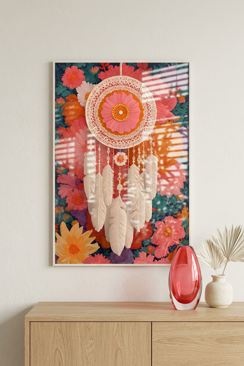 Ethereal & Calming Floral Dreamcatcher Art | Peach & Coral Tones | Dreamy bohemian wall decor | Digital Download