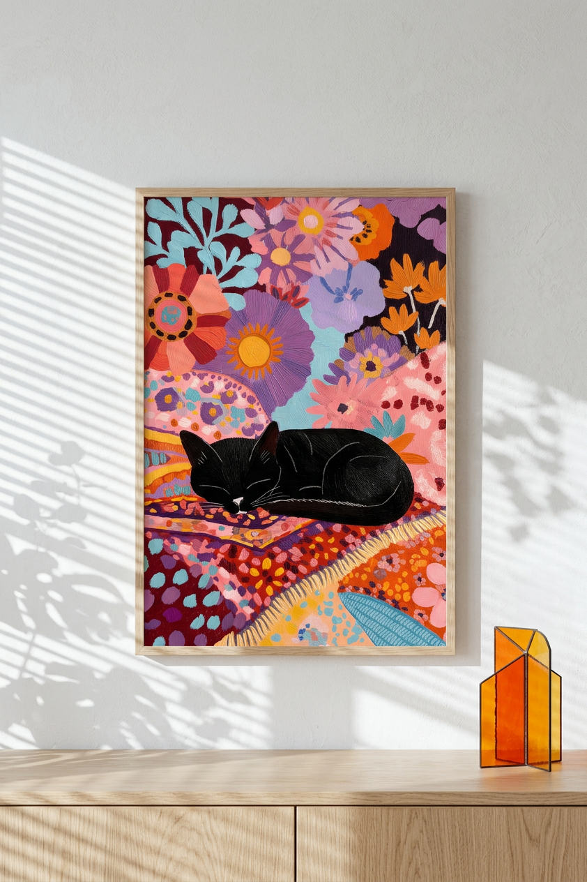 Whimsical & Serene Sleeping Black Cat Art | Jewel Tones & Pastels Tones | Vibrant, Dreamy, Cat Nap | Gift for Cat Lovers | Digital Download