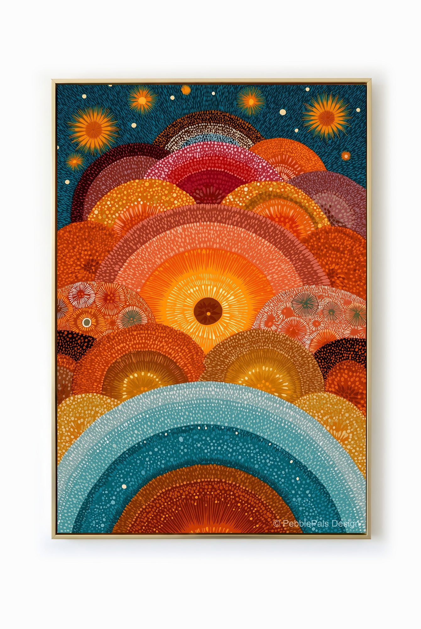Abstract sunscape with layered semi-circles in orange, red, and blue hues, radiating a sense of warmth and tranquility.