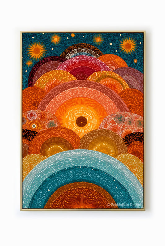 Abstract sunscape with layered semi-circles in orange, red, and blue hues, radiating a sense of warmth and tranquility.