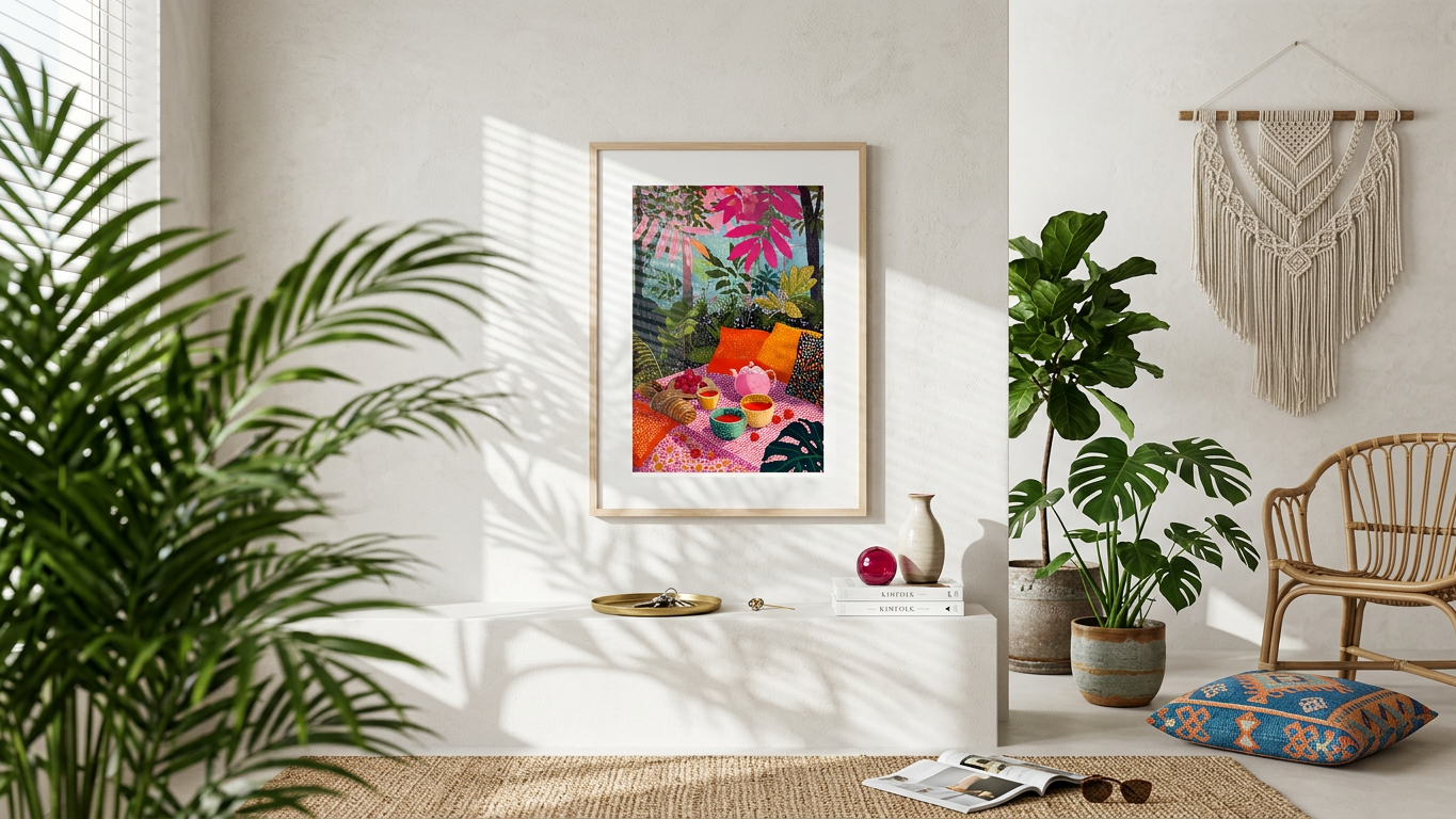 Fuchsia & Emerald Picnic Still Life Painting | Contemporary Style | Sunlit Kitchen Decor | Digital Download