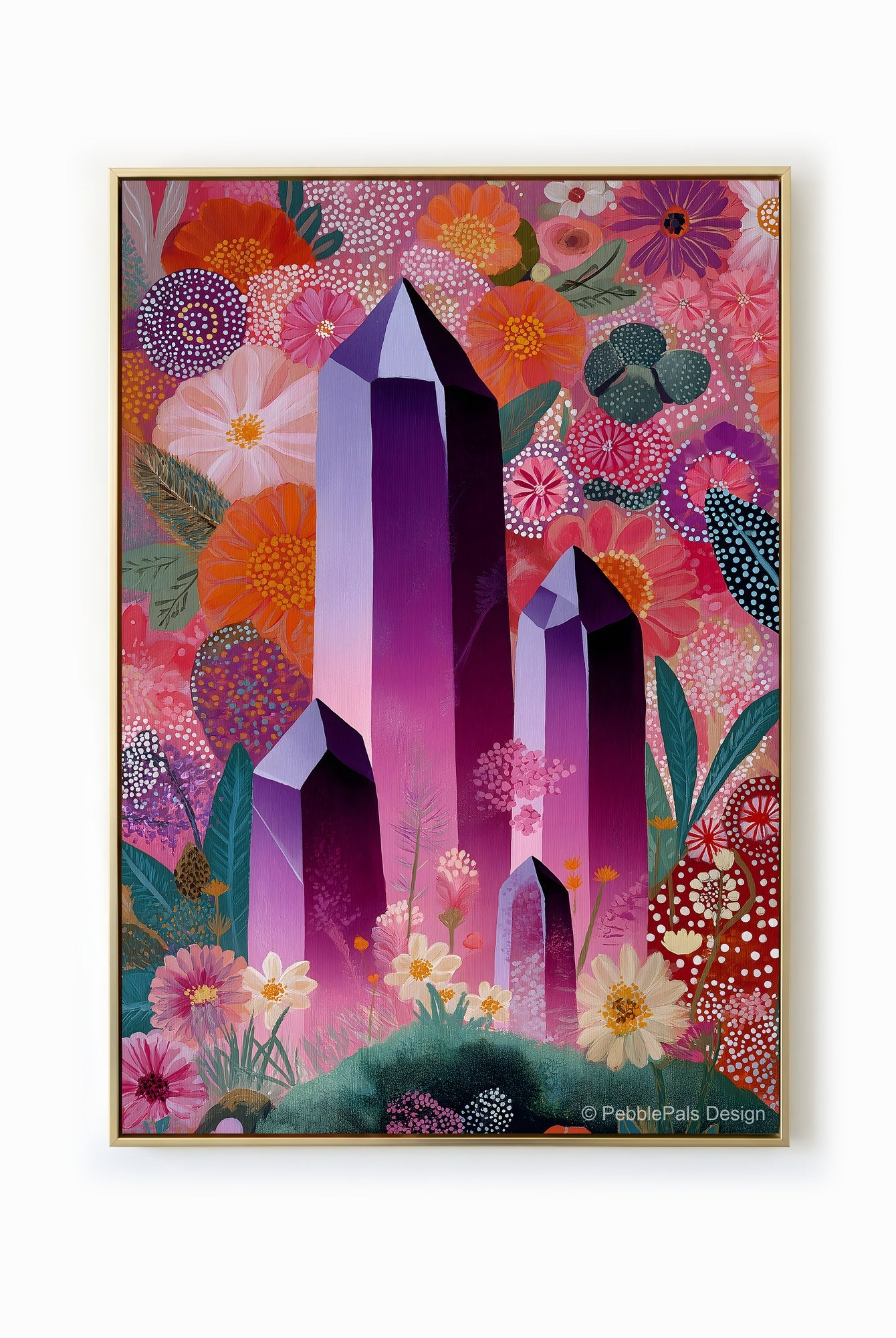 Folk art painting of amethyst crystals surrounded by colorful blooming flowers.