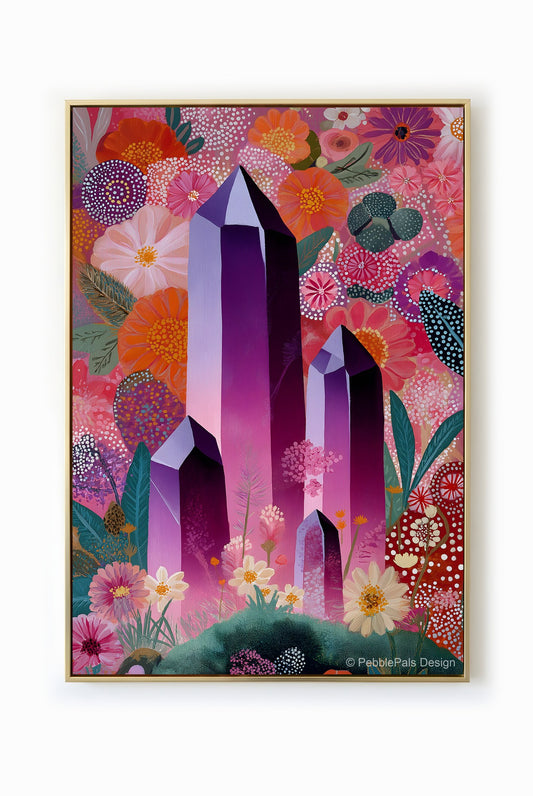 Folk art painting of amethyst crystals surrounded by colorful blooming flowers.