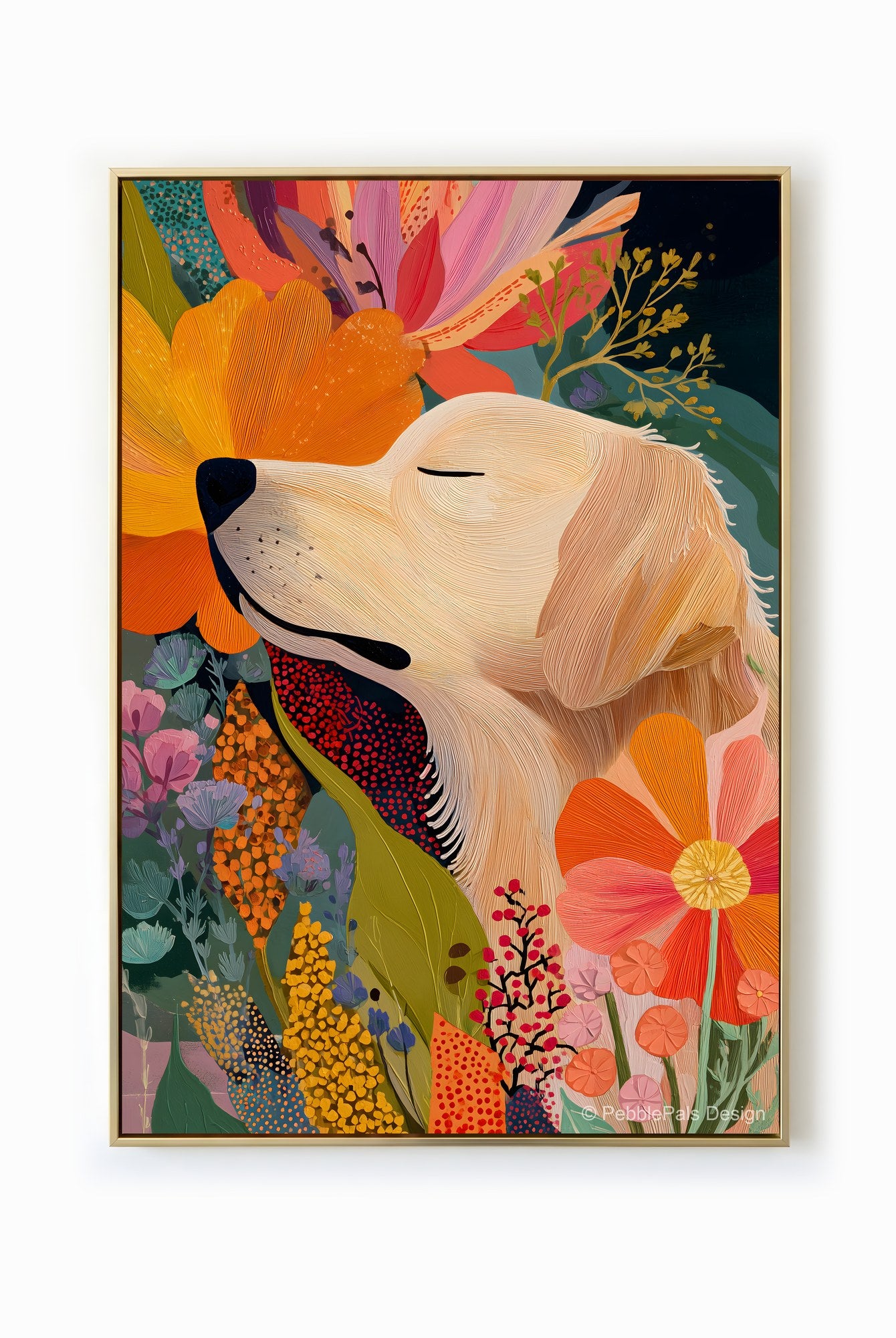 A golden retriever peacefully resting among colorful flowers, bathed in gentle sunlight, evoking serenity and joy.