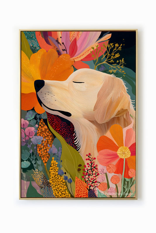 A golden retriever peacefully resting among colorful flowers, bathed in gentle sunlight, evoking serenity and joy.
