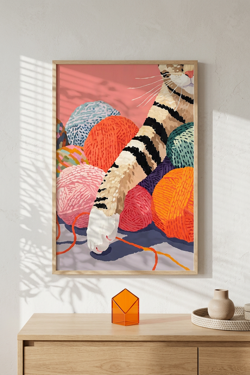 Coral & Teal Tabby Cat & Yarn Balls Painting | Contemporary Style | Children's Room Decor | Digital Download