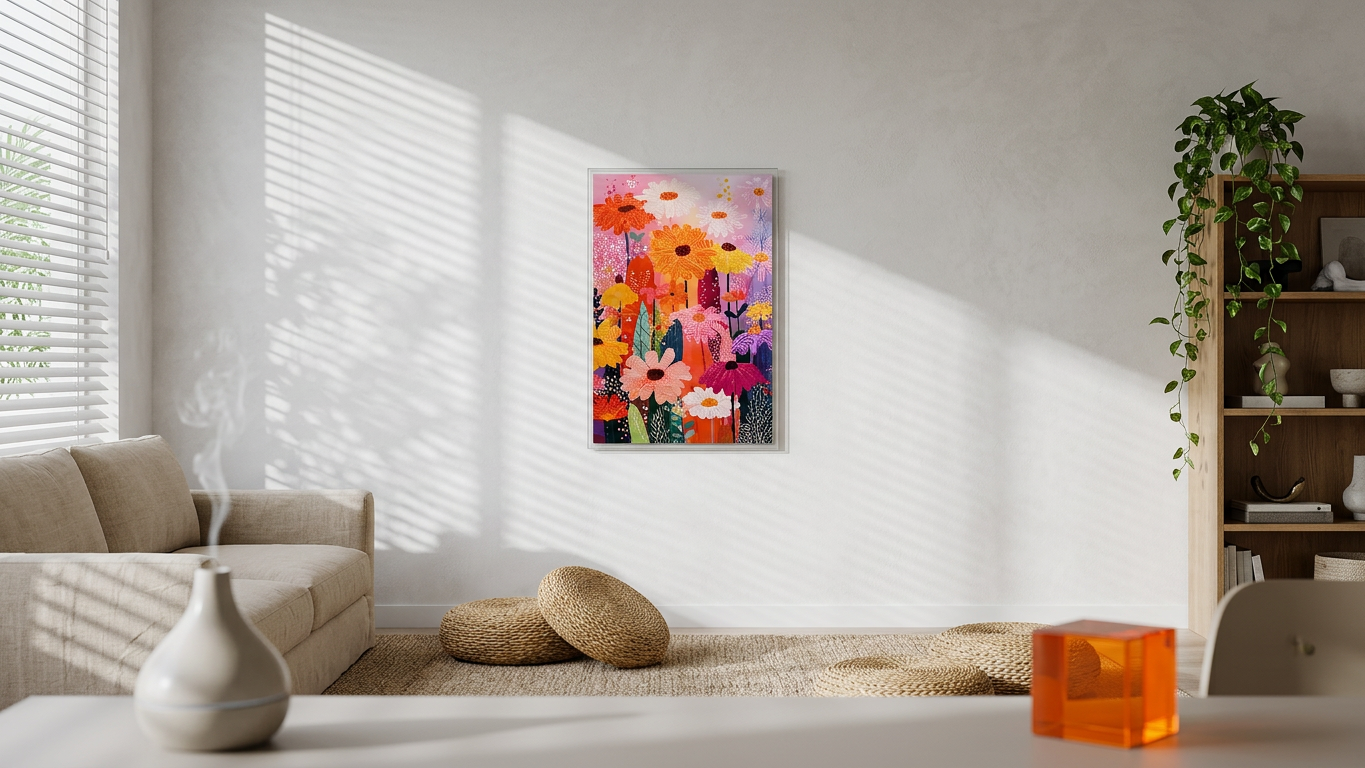 Tangerine & Rose Blooming Daisies Painting | Contemporary Floral Style | Sunlit Living Room Decor | Digital Download