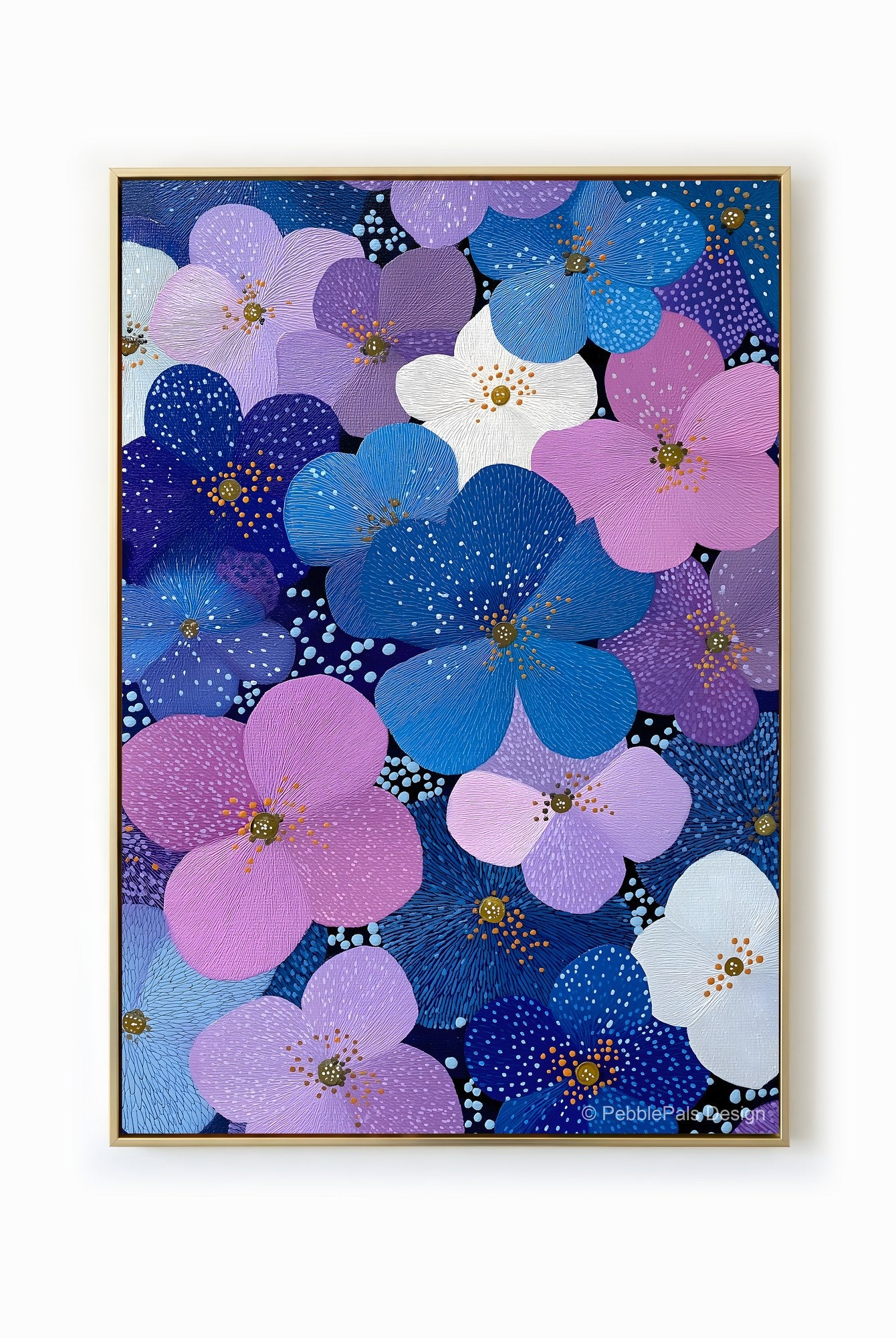 A whimsical painting of blue, purple, and pink flowers in a folk art style, creating an ethereal cascade of color.