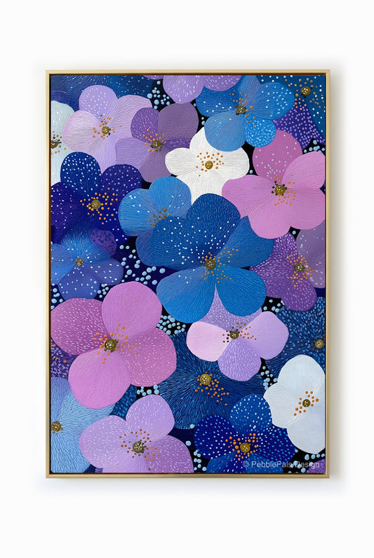 A whimsical painting of blue, purple, and pink flowers in a folk art style, creating an ethereal cascade of color.