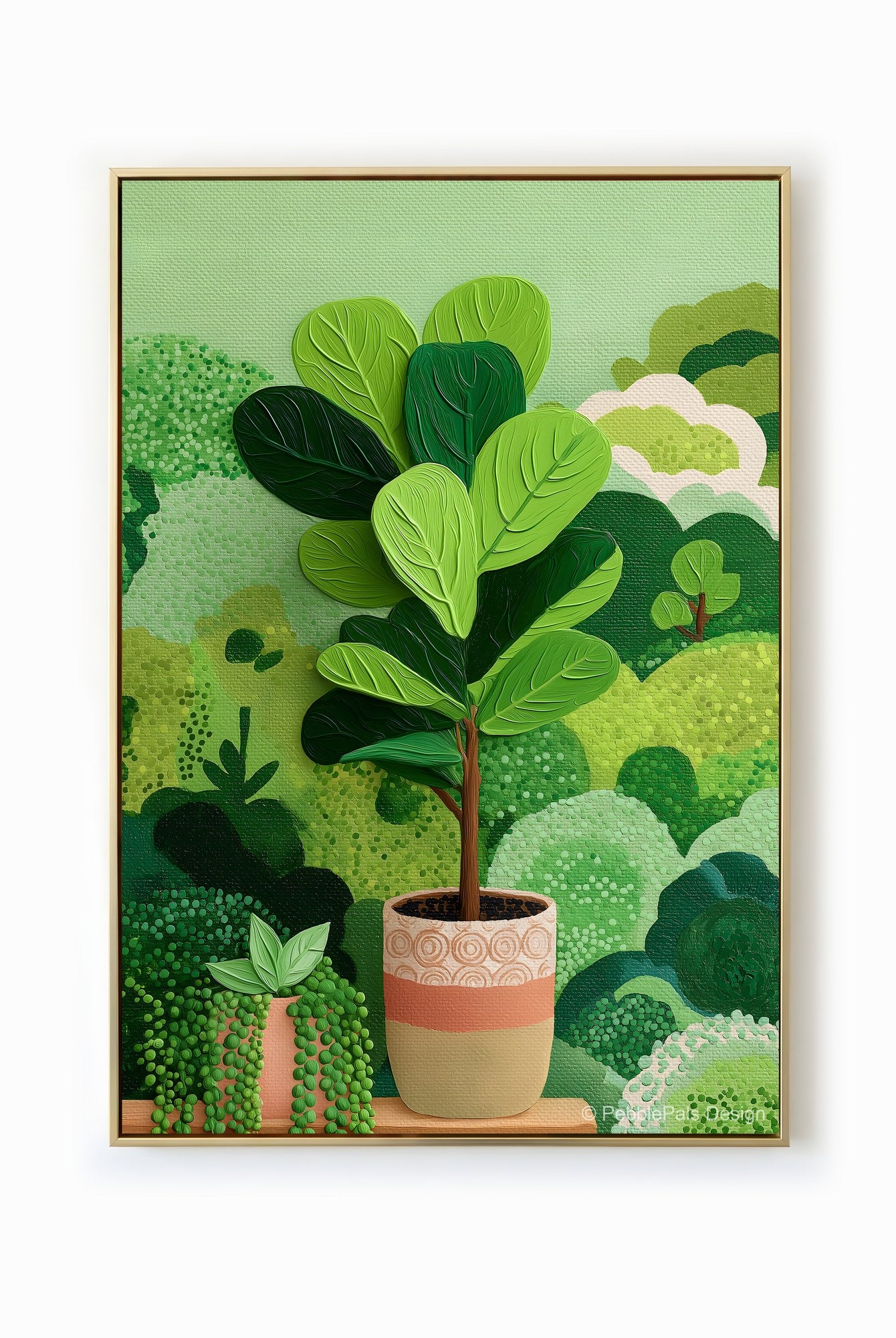 Impressionistic painting of a Fiddle Leaf Fig in a pot, set against a backdrop of lush green foliage.