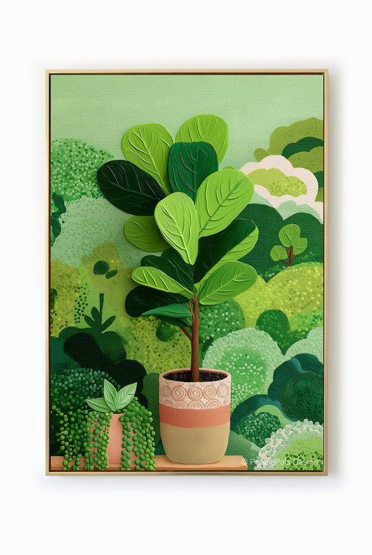 Impressionistic painting of a Fiddle Leaf Fig in a pot, set against a backdrop of lush green foliage.