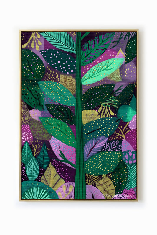 A whimsical botanical painting featuring layers of teal, emerald, and lilac leaves with gold highlights.