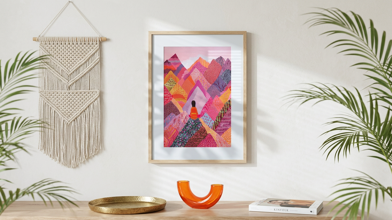 Magenta & Apricot Meditating Figure Painting | Folk Style | Meditation Space Decor | Digital Download