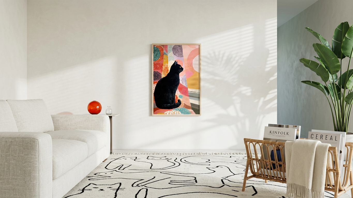 Whimsical & Serene Black Cat Art | Coral & Charcoal Tones | Serenity meets playful design | Gift for Cat Lovers | Digital Download