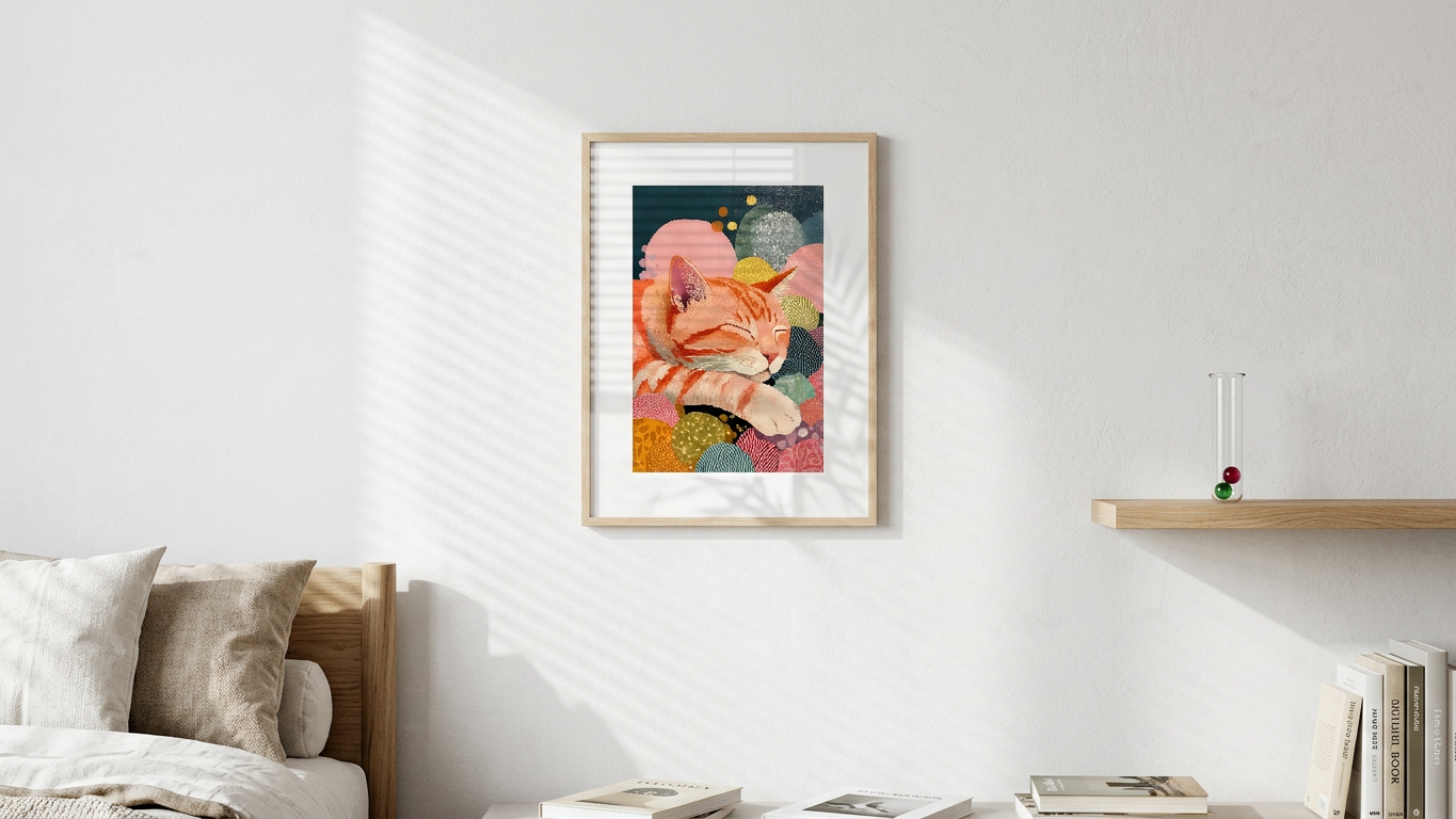 Whimsical & Serene Sleeping Ginger Cat Art | Coral & Teal Tones | Ethereal feline tranquility | Gift for Cat Lovers | Digital Download
