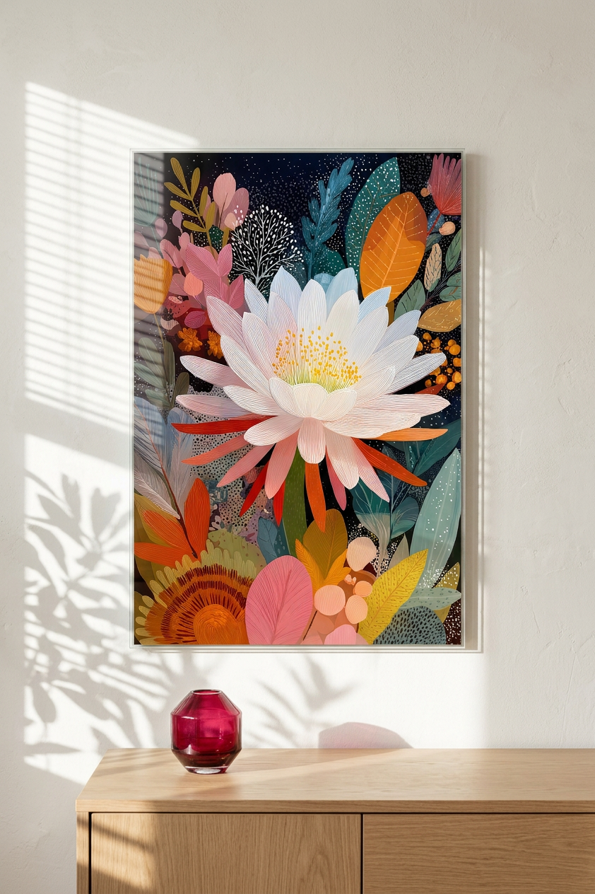 Ethereal & Serene White Lotus Bloom Art | Ivory & Teal Tones | Serenity in floral form | Gift for Flower Lovers | Digital Download