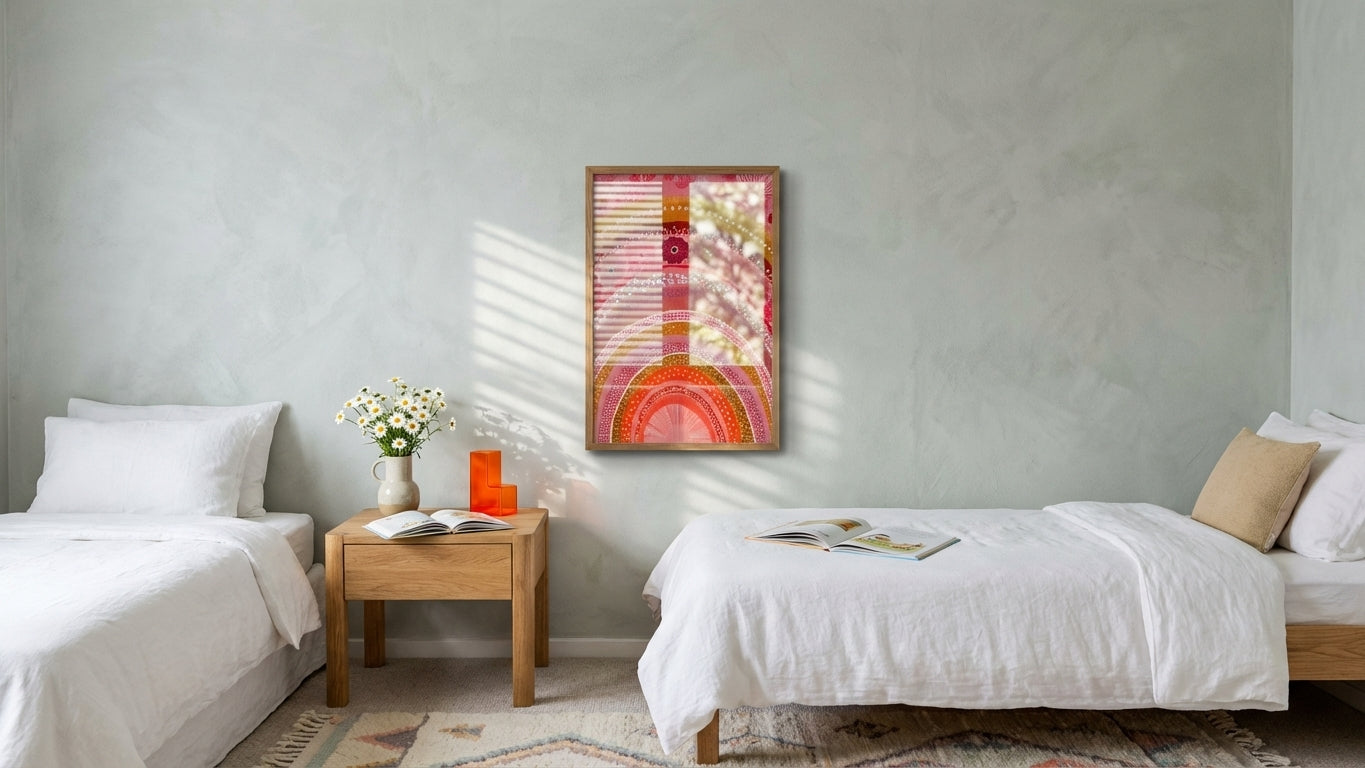 Rose & Terracotta Floral Rainbow Painting | Naive Style | Whimsical Home Decor | Digital Download