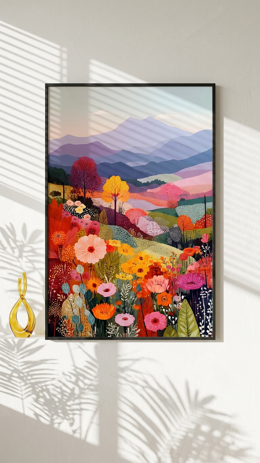 Ethereal & Serene Floral Meadow Art | Pastel Pink & Golden Yellow Tones | Ethereal mountain meadow escape | Gift for Cat Lovers | Digital Download