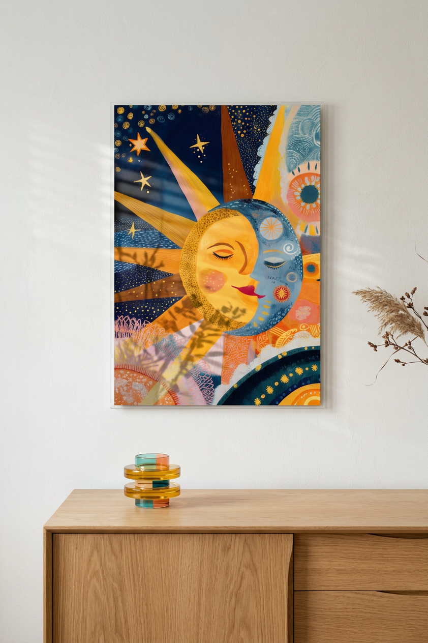 Golden Yellow & Azure Blue Sun and Moon Painting | Folk Style | Meditation Space Decor | Digital Download