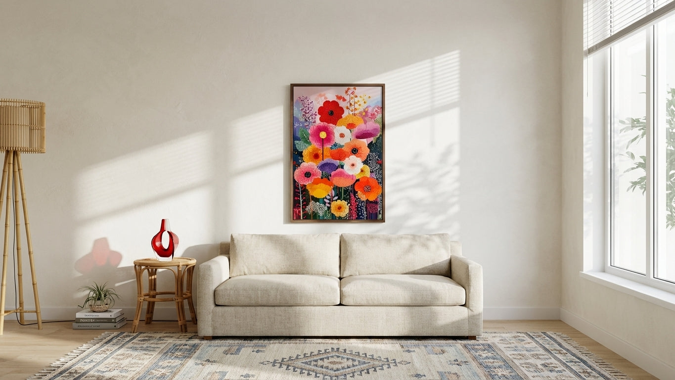 Crimson & Amber Floral Bouquet Painting | Naive Style | Sunlit Living Room Decor | Digital Download