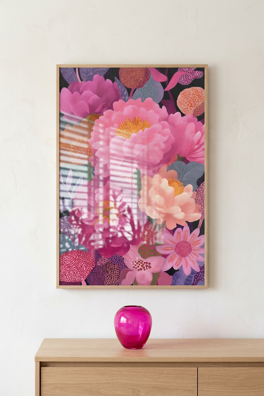Fuchsia & Apricot Floral Abundance Painting | Botanical Style | Elegant Living Room Decor | Digital Download