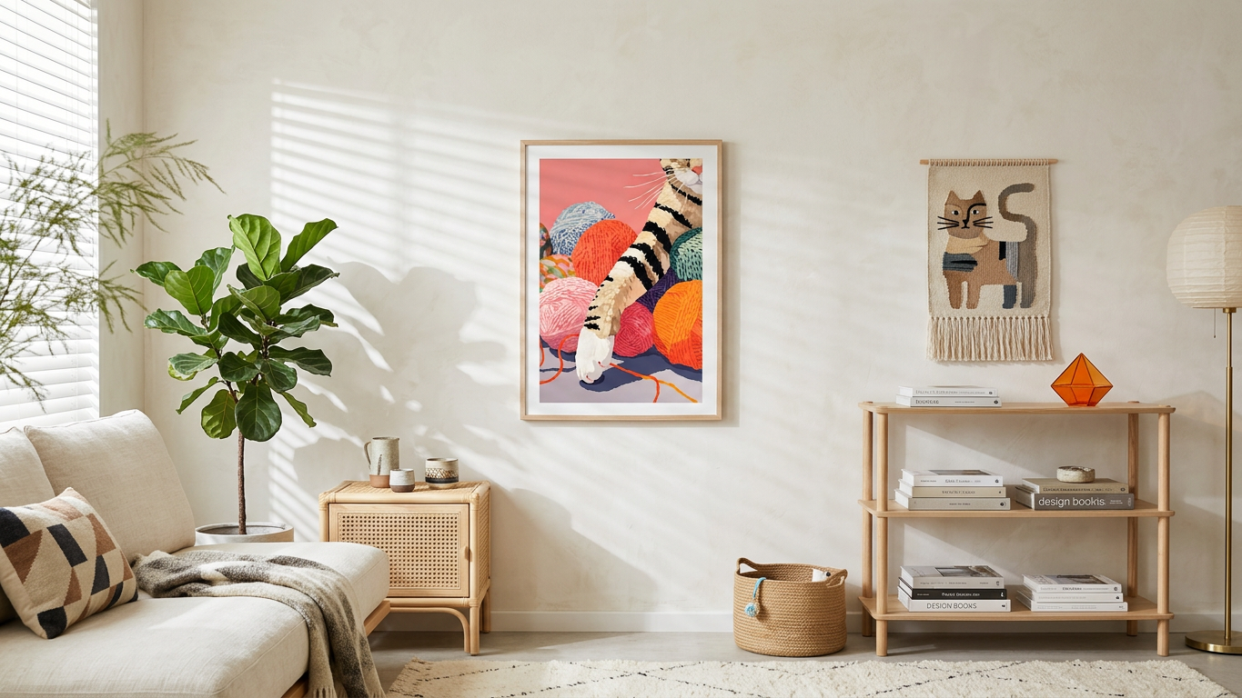 Coral & Teal Tabby Cat & Yarn Balls Painting | Contemporary Style | Children's Room Decor | Digital Download