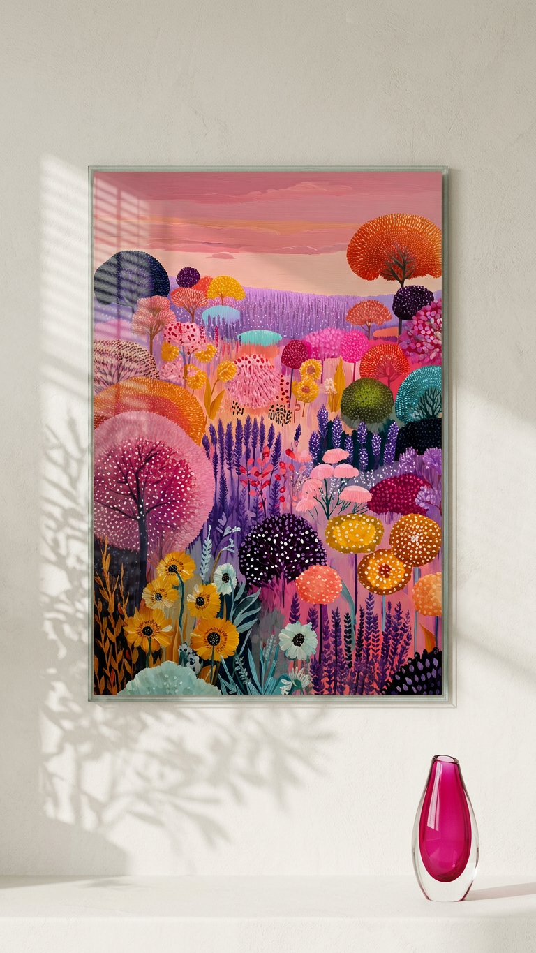 Vibrant Whimsical Floral Meadow Painting | Naive Style | Cozy Living Room Decor | Digital Download