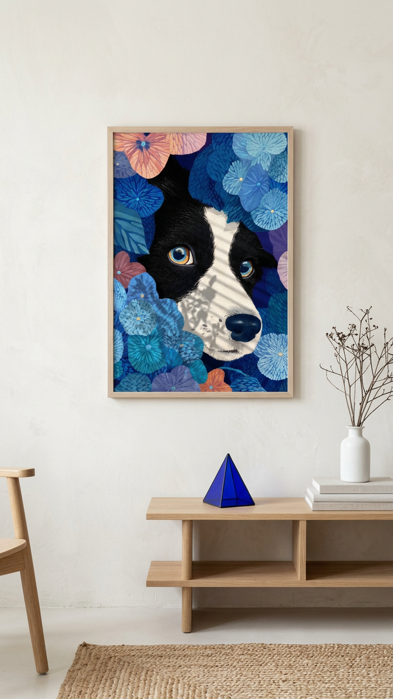 Ethereal & Heartfelt Border Collie Puppy Art | Sapphire & Peach Tones | Whimsical canine floral portrait | Gift for Dog Lovers | Digital Download