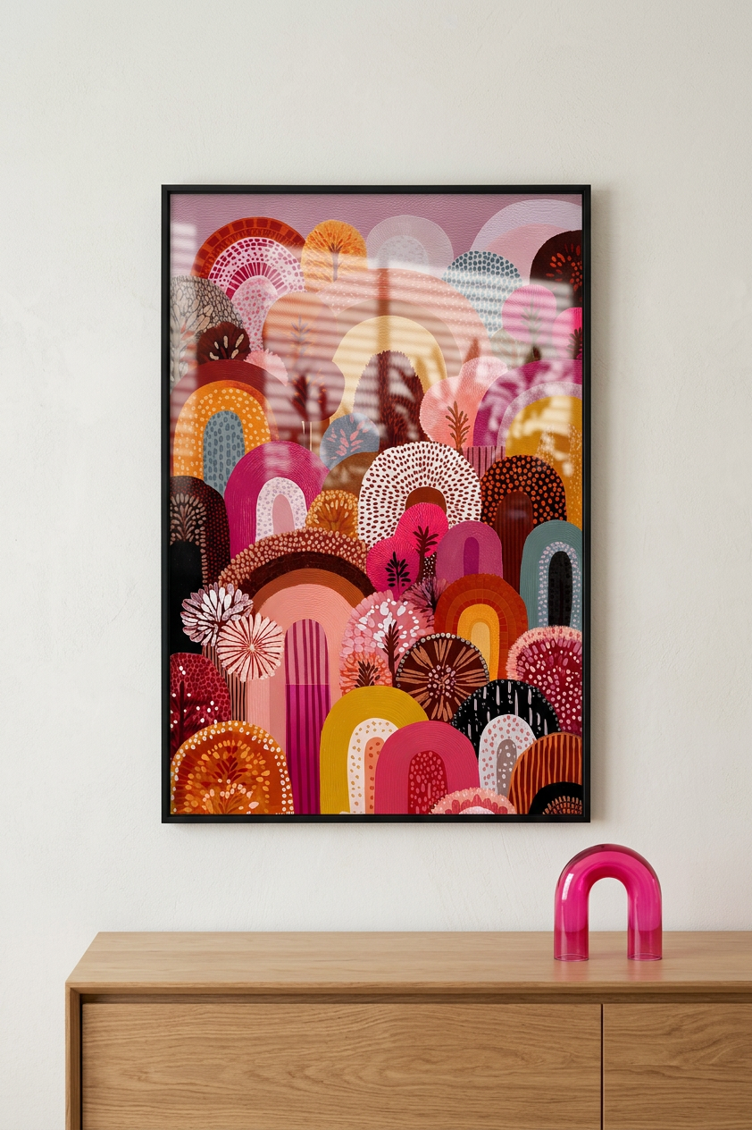 Burnt Sienna & Fuchsia Arched Forest Painting | Naive Style | Living Room Decor | Digital Download