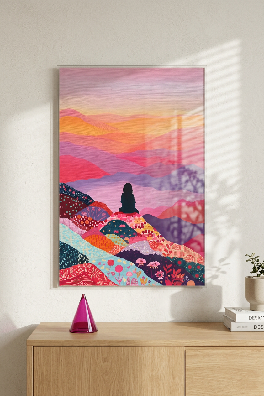 Sunset Hues & Floral Silhouette on Floral Hills Painting | Folk Style | Meditation Space Decor | Digital Download